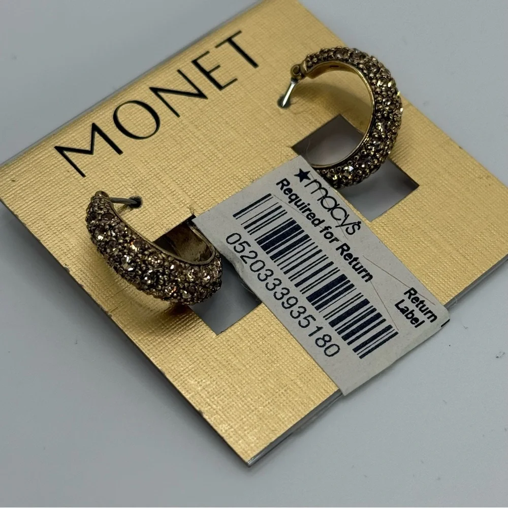 Monet Gold Tone Hoop Rhinestone Earrings NWT - Picture 7 of 8